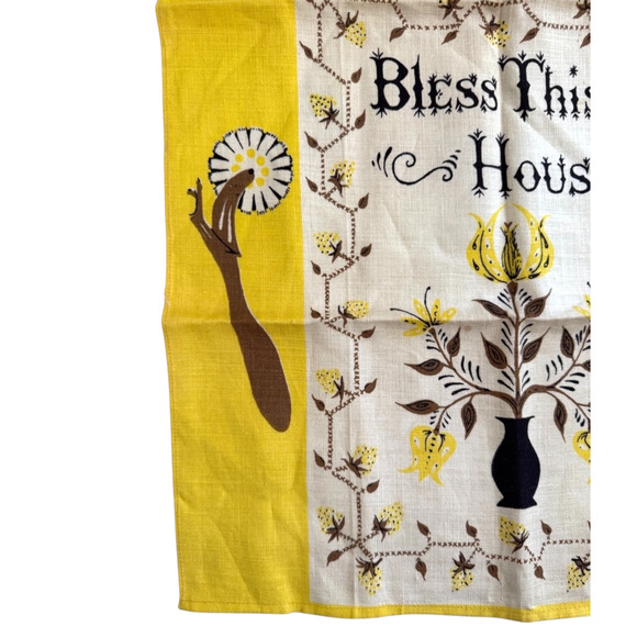 Vintage Peg Thomas Tea Towel Linen Bless This House Kitchen Dish MCM Yellow NOS - Picture 5 of 14